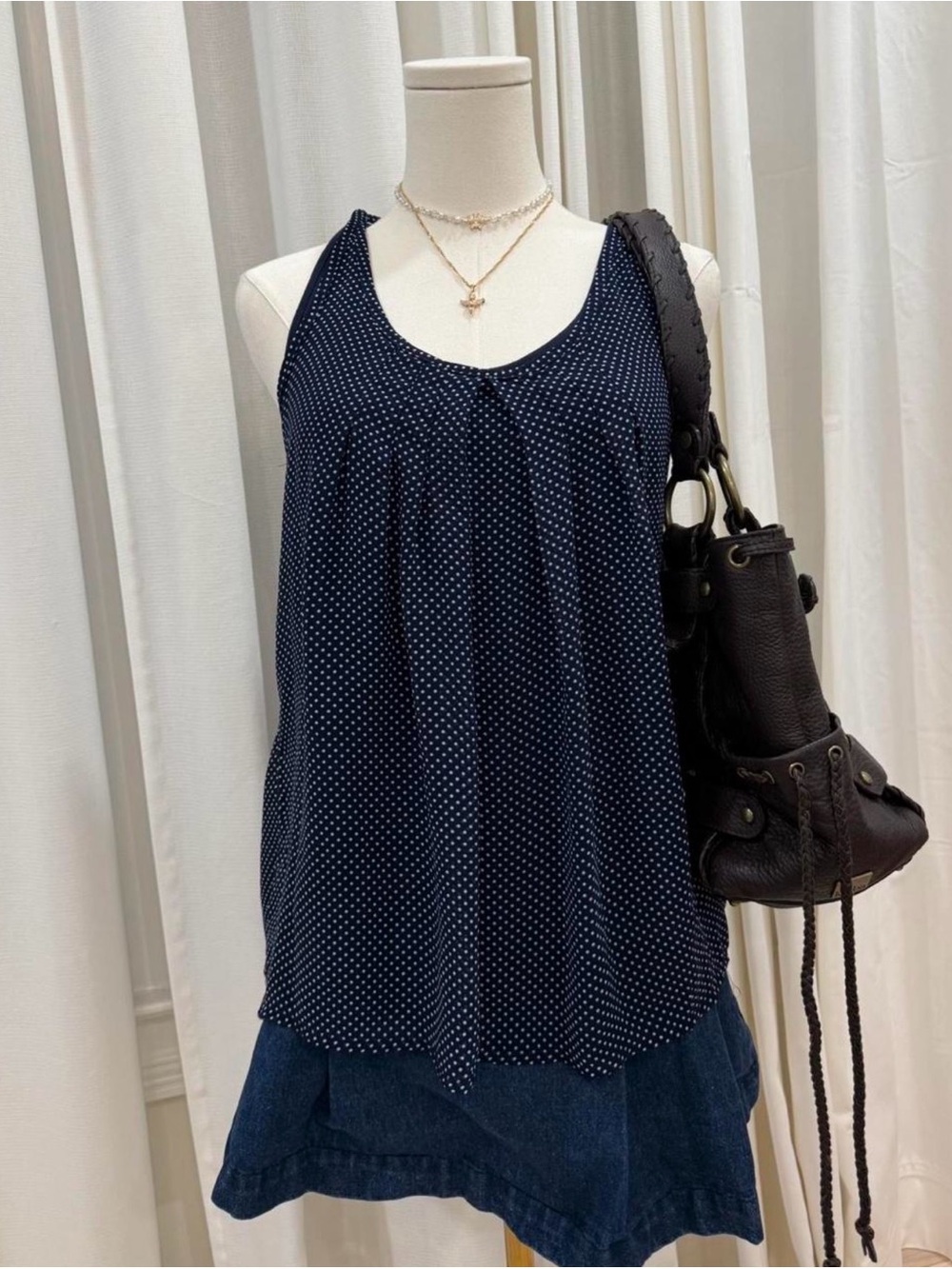 Valerie Bertinelli Navy with White Dot Scoop Neck Tank